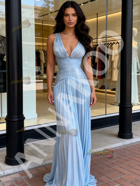 Shop 2026 ANNAKOO Burgundy V Neck Chiffon Pleats A Line Prom Dress Under 179