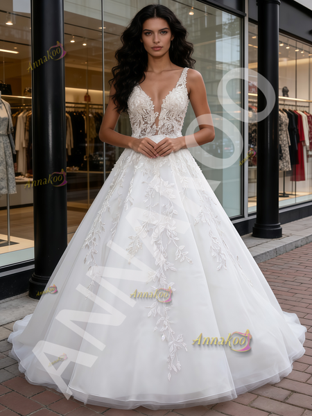 Shop 2026 ANNAKOO V Neck Appliques A Line Tulle Sleeveless White Wedding Dress Under 269