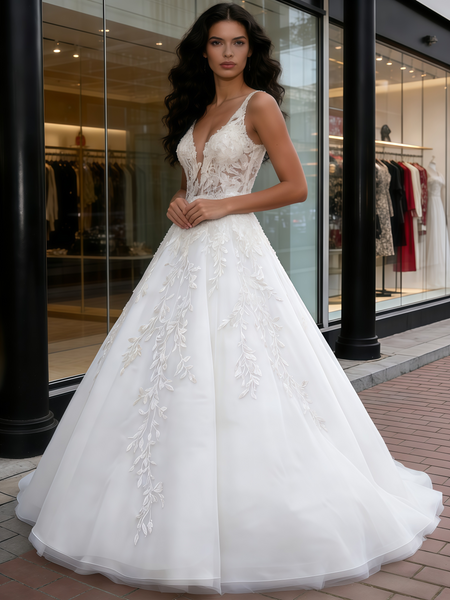 Shop 2026 ANNAKOO V Neck Appliques A Line Tulle Sleeveless White Wedding Dress Under 269