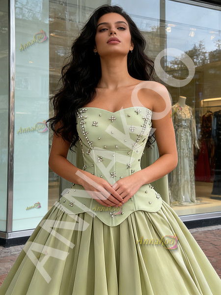 Shop 2026 ANNAKOO Green Beading A Line Sweetheart Satin Prom Dress Under 289