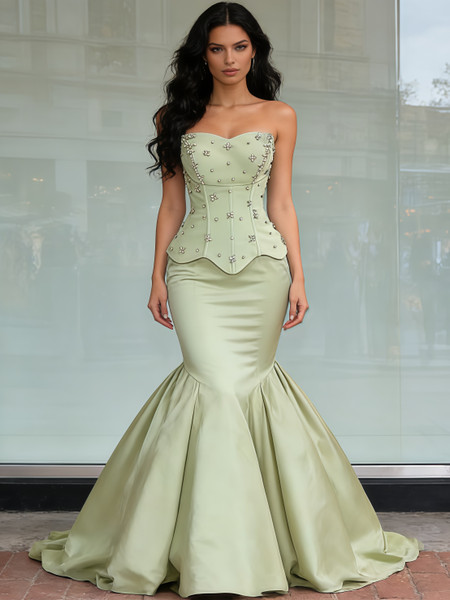 Shop 2025 ANNAKOO Beading Strapless Trumpet Mermaid Green Satin Prom Dress Under 289