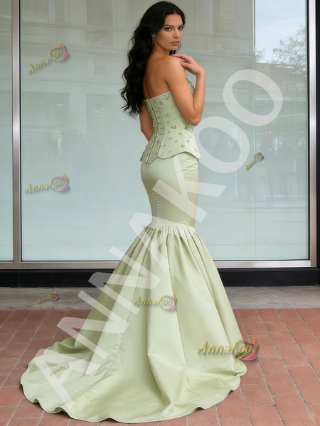Shop 2025 ANNAKOO Beading Strapless Trumpet Mermaid Green Satin Prom Dress Under 289
