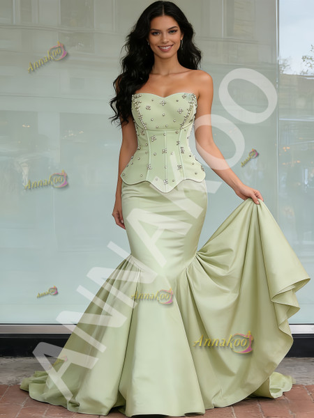 Shop 2025 ANNAKOO Beading Strapless Trumpet Mermaid Green Satin Prom Dress Under 289