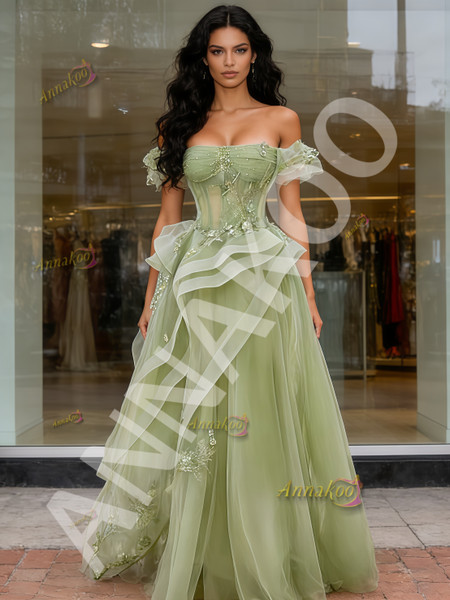 Shop 2026 ANNAKOO Green Off The Shoulder Tulle A Line Ruffles Prom Dress Under 168