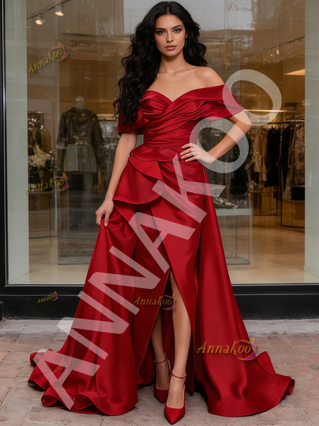 Shop 2026 ANNAKOO Red Off The Shoulder Satin A Line Ruffles Prom Dress With Slit Under 189