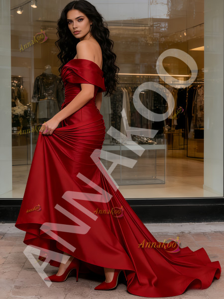 Shop 2026 ANNAKOO Red Off The Shoulder Satin A Line Ruffles Prom Dress With Slit Under 189