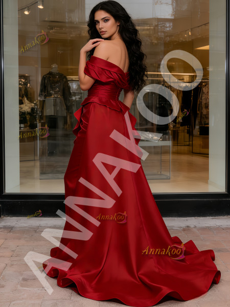 Shop 2026 ANNAKOO Red Off The Shoulder Satin A Line Ruffles Prom Dress With Slit Under 189