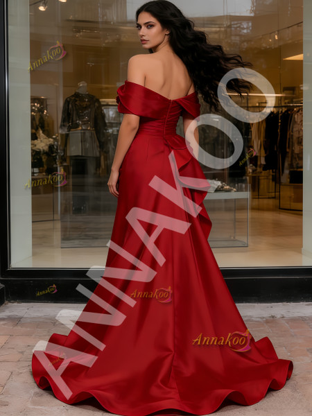 Shop 2026 ANNAKOO Red Off The Shoulder Satin A Line Ruffles Prom Dress With Slit Under 189