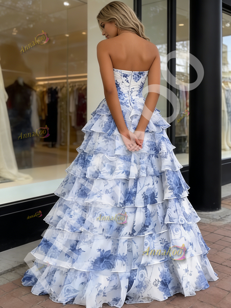 Shop 2026 ANNAKOO Blue Print Sweetheart A Line Ruffles Tulle Prom Dress Under 239