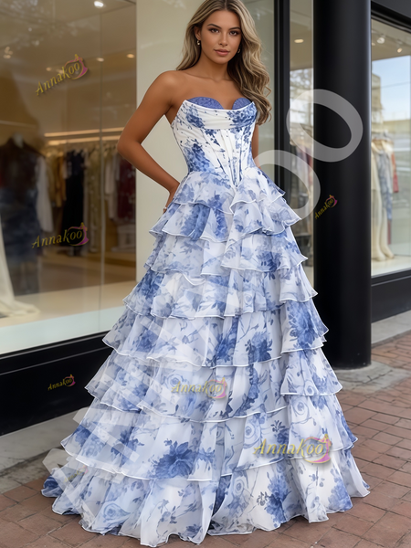 Shop 2026 ANNAKOO Blue Print Sweetheart A Line Ruffles Tulle Prom Dress Under 239