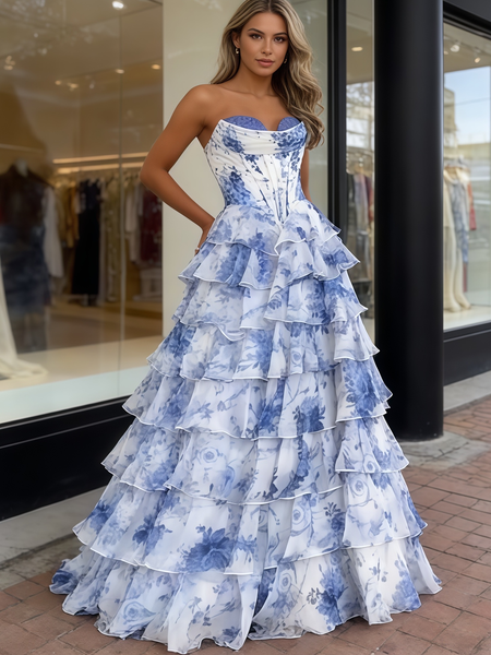 Shop 2026 ANNAKOO Blue Print Sweetheart A Line Ruffles Tulle Prom Dress Under 239