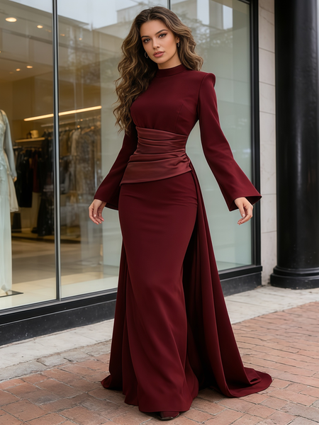 Shop 2026 ANNAKOO High Neck Burgundy Satin Detachable Train Trumpet Mermaid Prom Dress Under 198