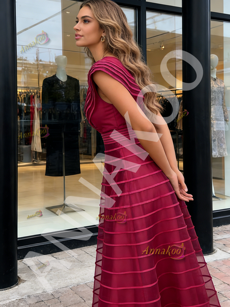 Shop 2026 ANNAKOO Fuchsia A Line Ruffles Tulle V Neck Prom Dress Under 198