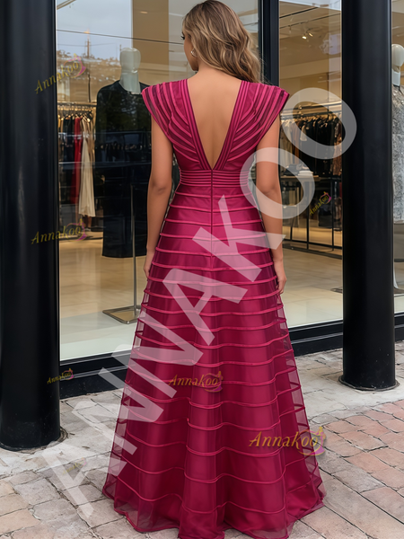 Shop 2026 ANNAKOO Fuchsia A Line Ruffles Tulle V Neck Prom Dress Under 198
