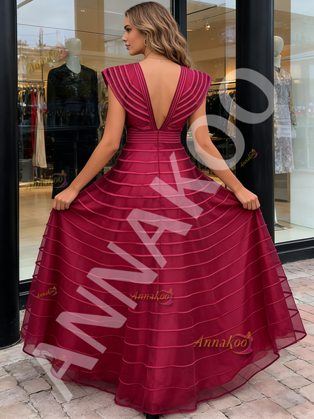 Shop 2026 ANNAKOO Fuchsia A Line Ruffles Tulle V Neck Prom Dress Under 198