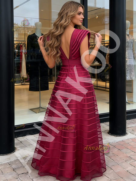 Shop 2026 ANNAKOO Fuchsia A Line Ruffles Tulle V Neck Prom Dress Under 198