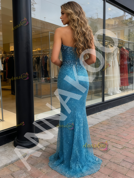 Shop 2026 ANNAKOO Blue Beading One Shoulder Sequin Trumpet Mermaid Prom Dress Under 239