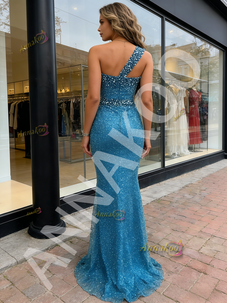 Shop 2026 ANNAKOO Blue Beading One Shoulder Sequin Trumpet Mermaid Prom Dress Under 239