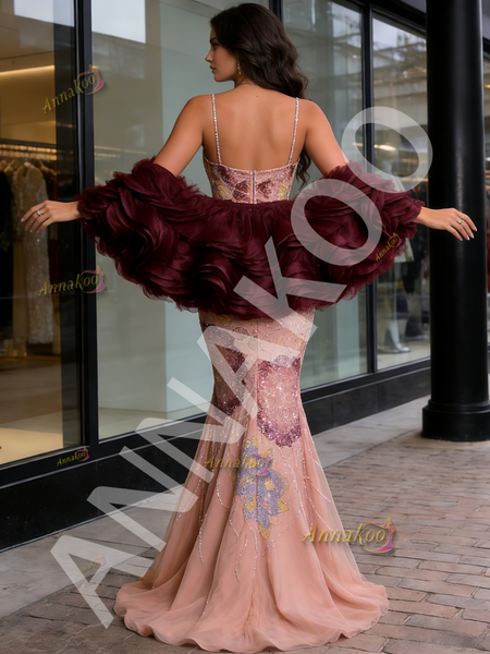 Shop 2026 ANNAKOO Spaghetti Straps Tulle Beading Trumpet Mermaid Prom Dress Under 299