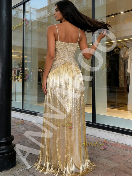 Shop 2026 ANNAKOO Gold Spaghetti Straps Sheath Column Sparkle Prom Dress Under 298