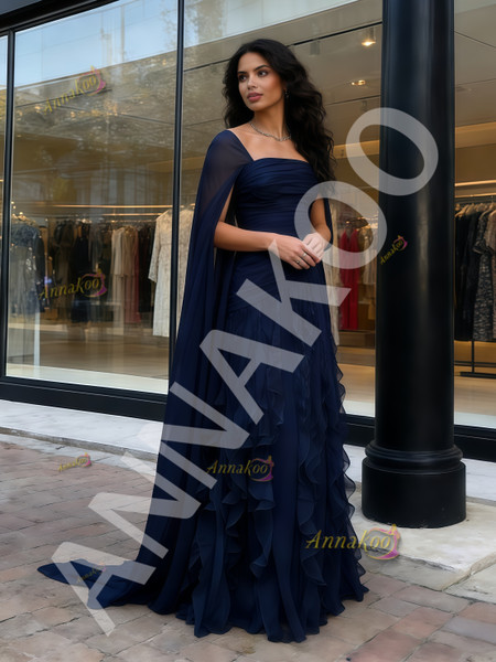 Shop 2026 ANNAKOO Navy Square Long Sleeve Ruffles Tulle A Line Prom Dress Under 269