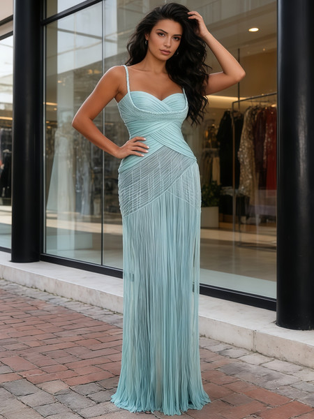 Shop 2026 ANNAKOO Mint Spaghetti Straps Ruched Tulle Sheath Column Prom Dress Under 239