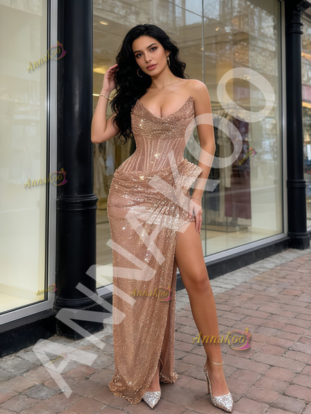 Shop 2026 ANNAKOO Spaghetti Straps Gold Sequin Trumpet Mermaid Beading Prom Dress With Slit Under 189