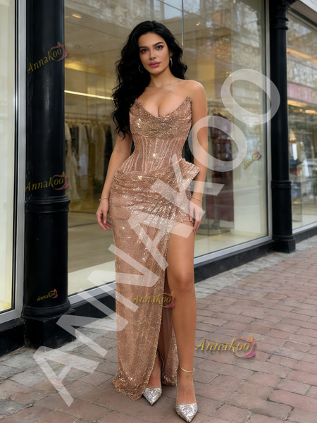 Shop 2026 ANNAKOO Spaghetti Straps Gold Sequin Trumpet Mermaid Beading Prom Dress With Slit Under 189