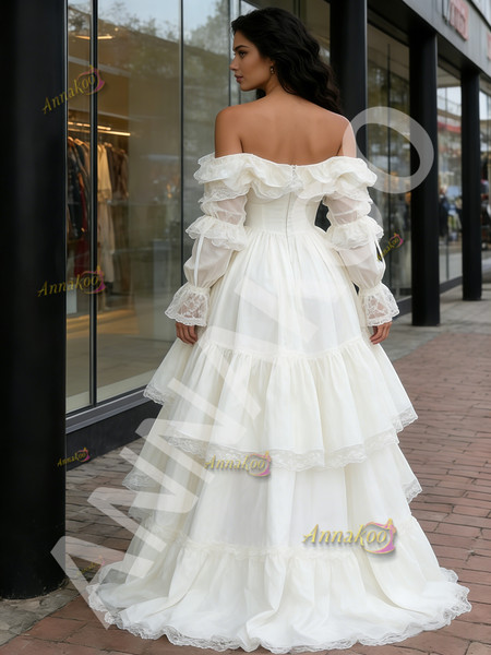 Shop 2026 ANNAKOO Vintage Off The Shoulder Long Sleeve Satin Wedding Dress Under 259