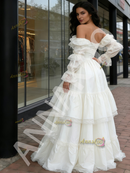 Shop 2026 ANNAKOO Vintage Off The Shoulder Long Sleeve Satin Wedding Dress Under 259