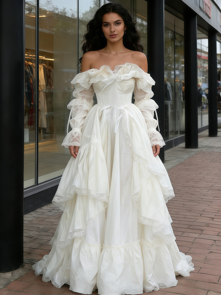 Shop 2026 ANNAKOO Vintage Off The Shoulder Long Sleeve Satin Wedding Dress Under 259