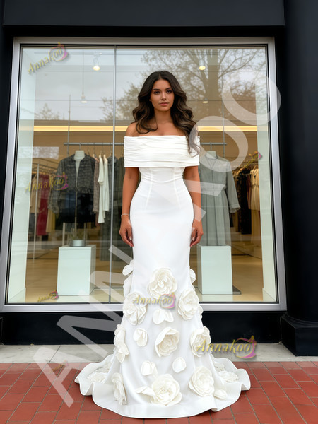 Shop 2026 ANNAKOO Off The Shoulder Satin Trumpet Mermaid Flower Wedding Dress Under 289