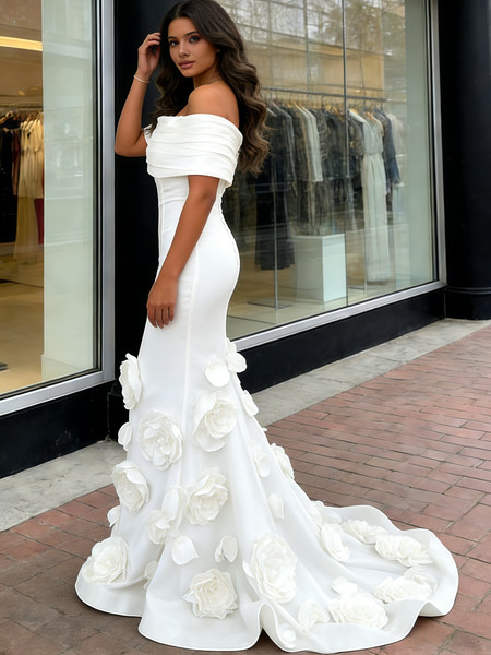 Shop 2026 ANNAKOO Off The Shoulder Satin Trumpet Mermaid Flower Wedding Dress Under 289