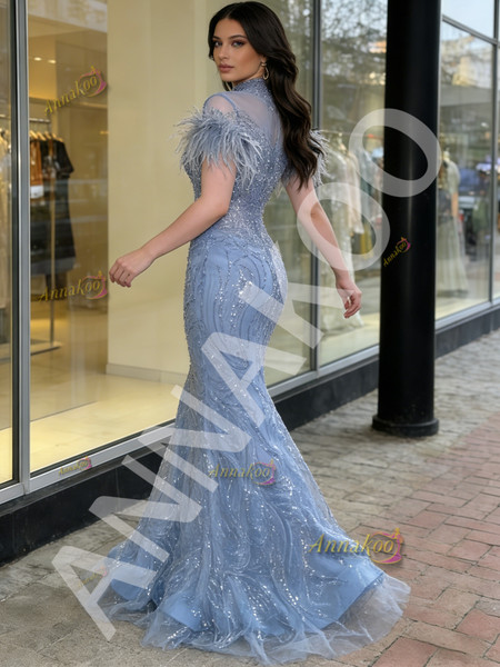 Shop 2026 ANNAKOO Blue Tulle Feather High Neck Short Sleeve Mermaid Prom Dress Under 399