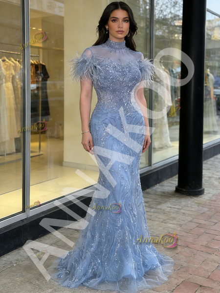 Shop 2026 ANNAKOO Blue Tulle Feather High Neck Short Sleeve Mermaid Prom Dress Under 399