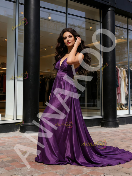 Shop 2026 ANNAKOO Deep V Neck A Line Satin Red Long Train Prom Dress Under 189