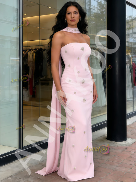 Shop 2026 ANNAKOO Pink Shawl Beading Strapless Sheath Column Satin Prom Dress Under 239