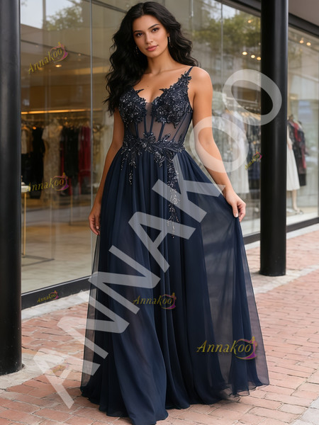 Shop 2026 ANNAKOO Navy Blue Tulle V Neck A Line Appliques Prom Dress Under 168