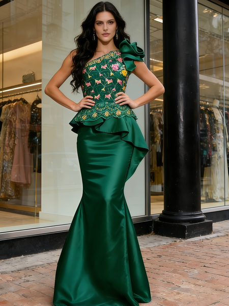 Shop 2026 ANNAKOO One Shoulder Print Trumpet Mermaid Satin Flower Prom Dress Under 269