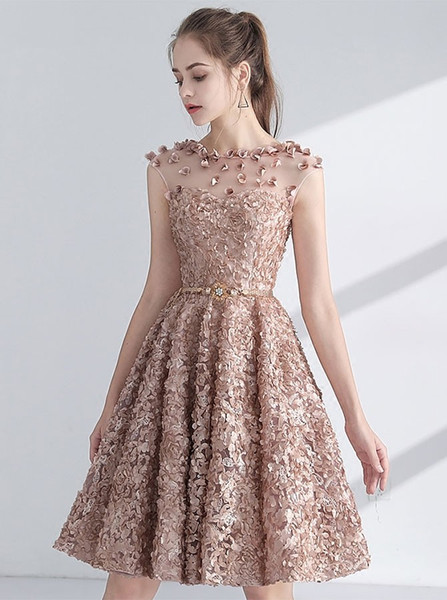 Champagne Lace Short Homecoming Prom Dress with Appliques