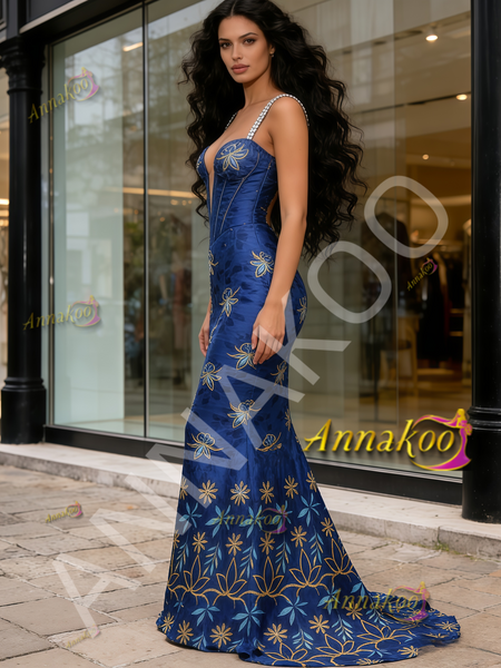 Shop 2026 ANNAKOO Straps Deep V Neck Trumpet Mermaid Royal Blue Embroidery Prom Dress Under 269