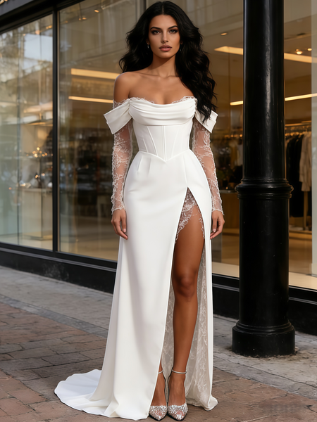 Shop 2026 ANNAKOO White Off The Shoulder Chiffon Lace A Line Wedding Dress With Slit Under 169