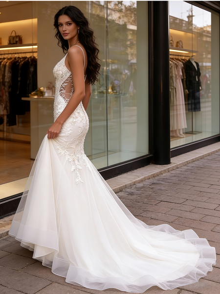 Shop 2026 ANNAKOO Spaghetti Straps Tulle Appliques Trumpet Mermaid Wedding Dress Under 289