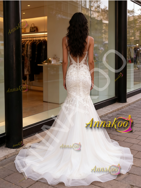 Shop 2026 ANNAKOO Spaghetti Straps Tulle Appliques Trumpet Mermaid Wedding Dress Under 289