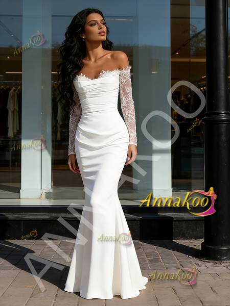 Shop 2026 ANNAKOO White Off The Shoulder Lace Sleeve Trumpet Mermaid Wedding Dress Under 189