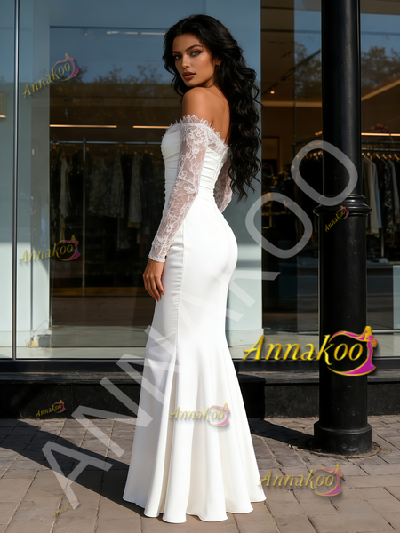 Shop 2026 ANNAKOO White Off The Shoulder Lace Sleeve Trumpet Mermaid Wedding Dress Under 189