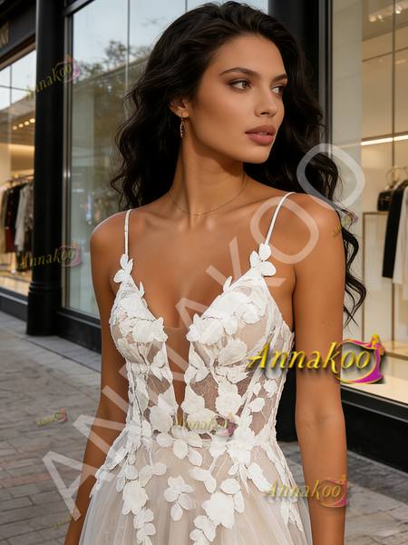 Shop 2026 ANNAKOO Spaghetti Straps Tulle Champagne A Line Spakle  Wedding Dress Under 189