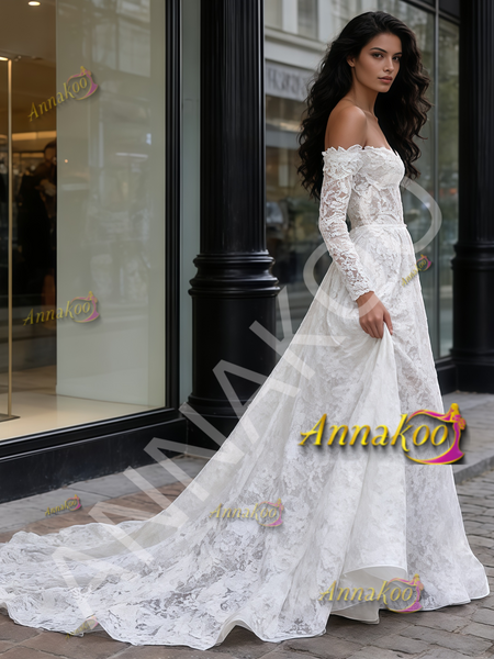 Shop 2026 ANNAKOO Lace Off The Shoulder Long Sleeve A Line Wedding Dress Under 298