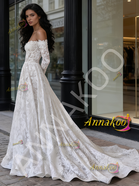 Shop 2026 ANNAKOO Lace Off The Shoulder Long Sleeve A Line Wedding Dress Under 298