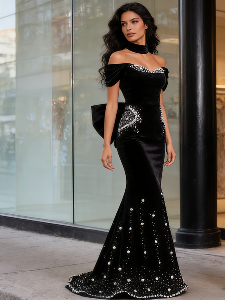 Shop 2026 ANNAKOO Off The Shoulder Black Beading Trumpet Mermaid Bow Prom Dress Under 289